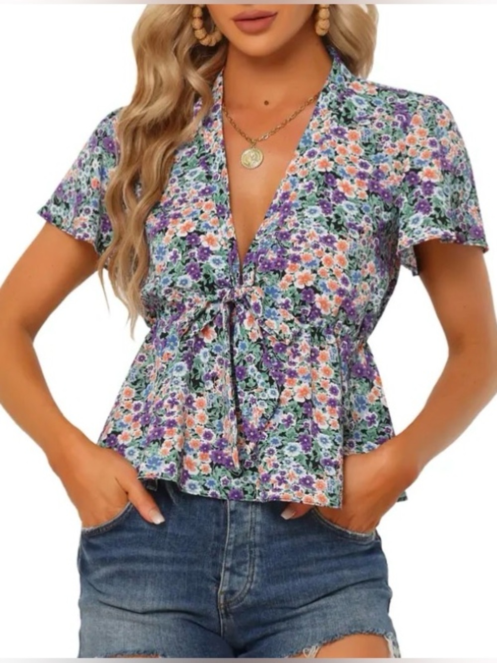 Deep V Neck Ruffle Hem Bow Tie Floral Short Sleeve Blouse Purple Black, Size XS